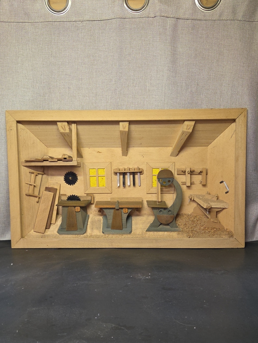 Vintage 3D Wooden Diorama Shadow Box Handcrafted "Dad's Workshop" Carpenter Scen